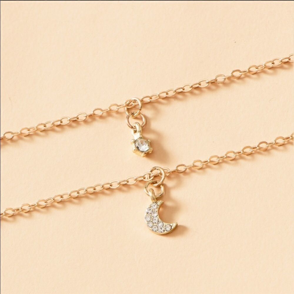 Necklace double layered Crescent Moon and a Gem